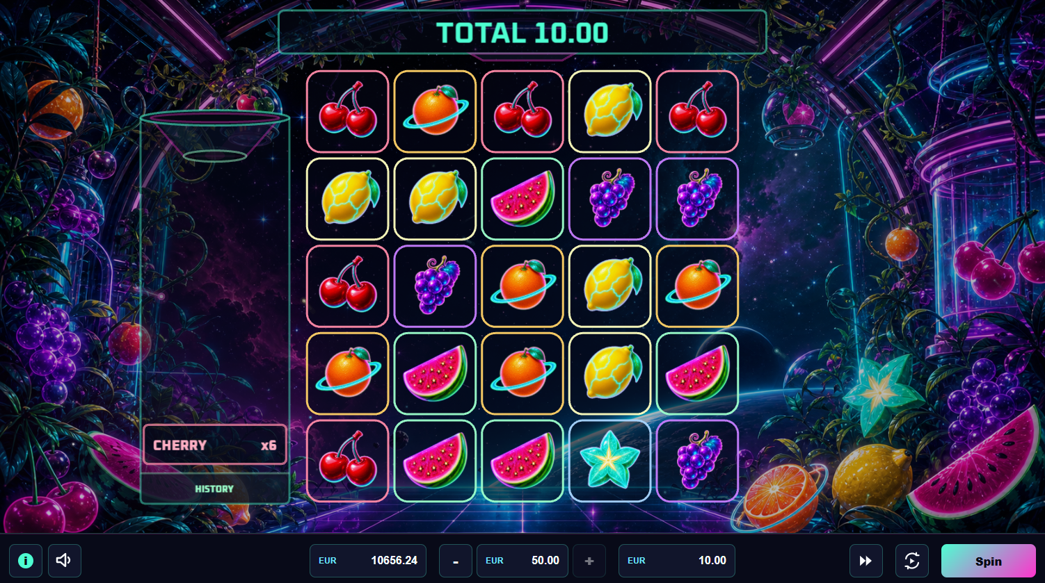 Neon Fruits cluster cascade game screen