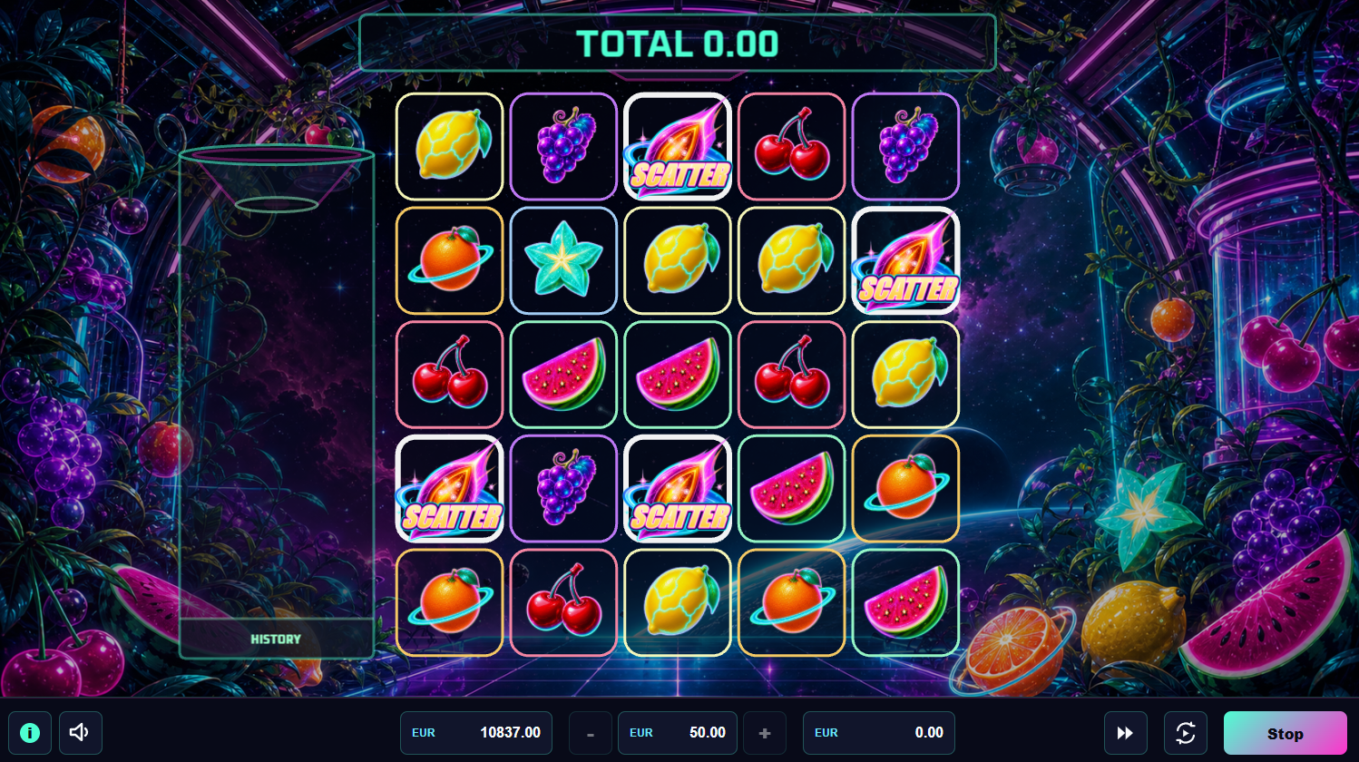 Neon Fruits slot game with glowing scatter symbols